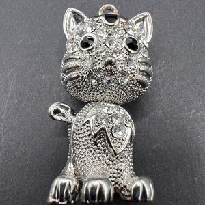 Articulated Crystal & Onyx Cat Pendant Silver Tone 1.5” Rhinestone Kitty Charm